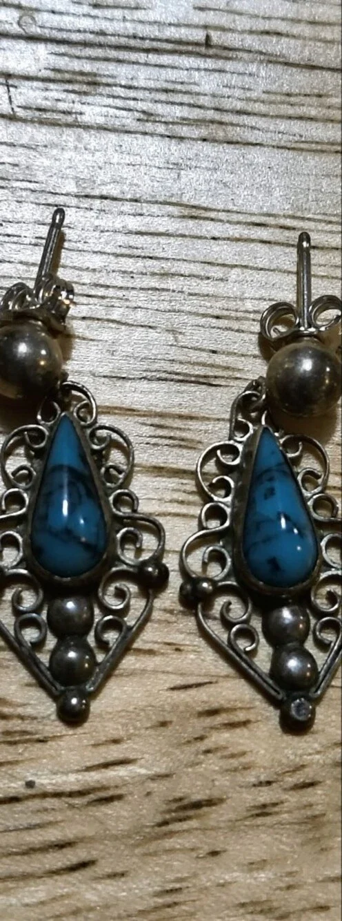 Vintage Sterling Silver Turquoise Teardrop Filigree Drop Signed Mexico Earrings